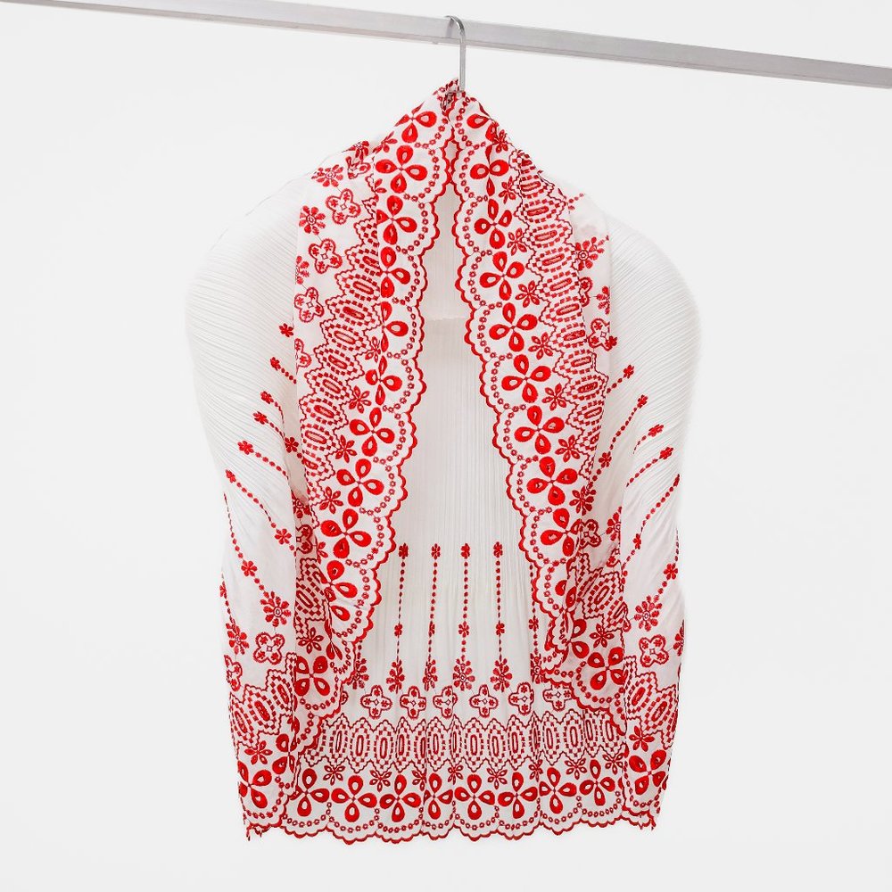 Issey Miyake Pleats Please White Embroidered Shawl